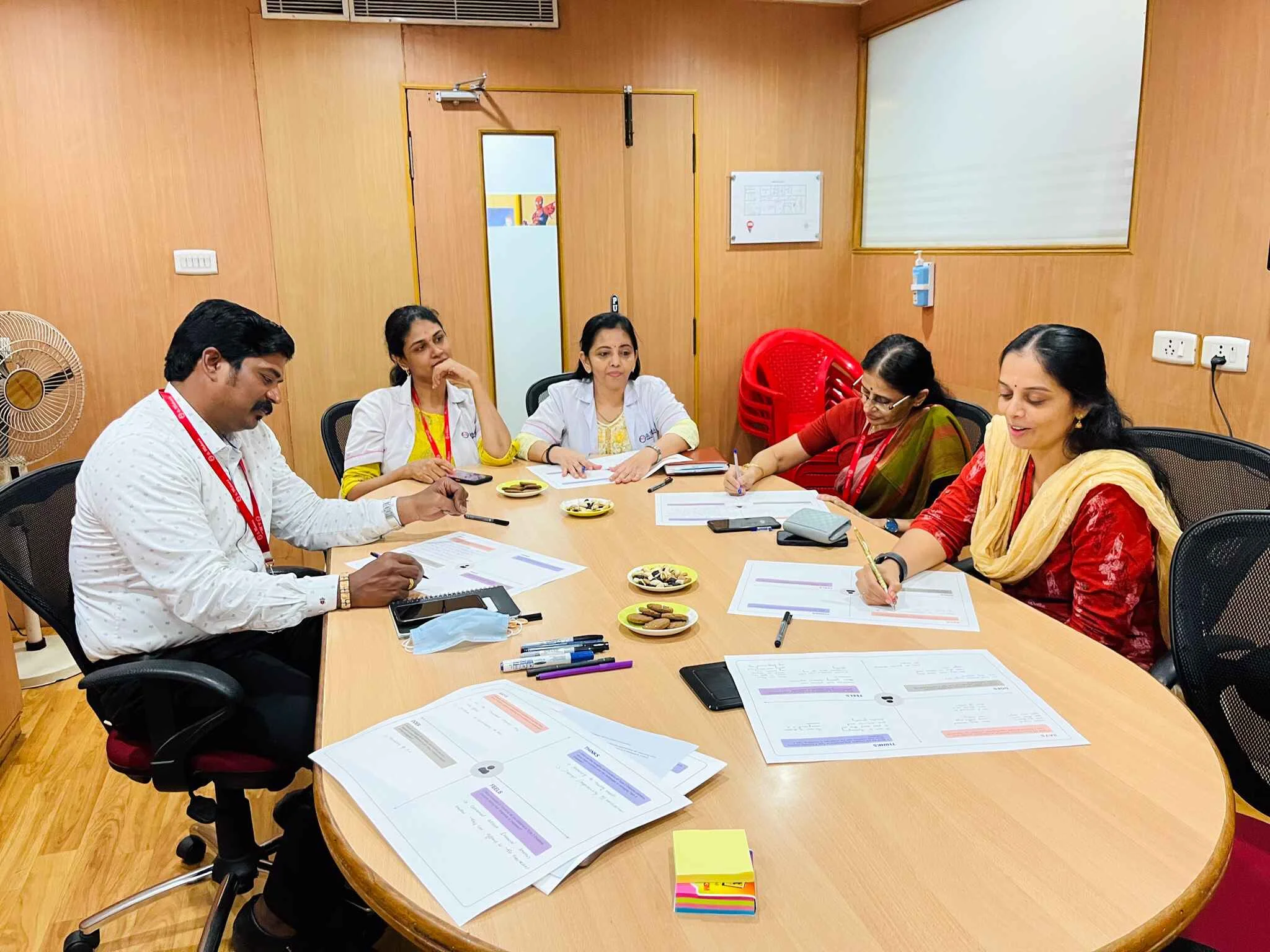 Healthcare providers writing on an empathy mapping exercise template